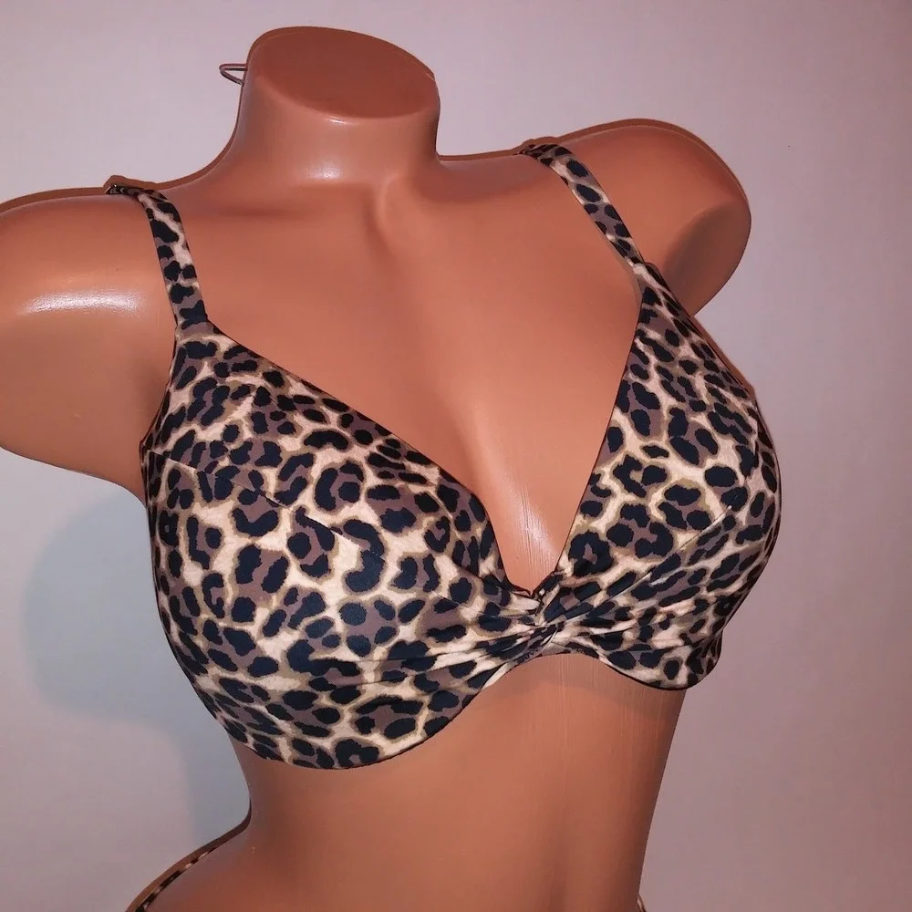Victoria Secret Swim Bikini 36B Top Medium Bottom Push Up Black Brown Leopard